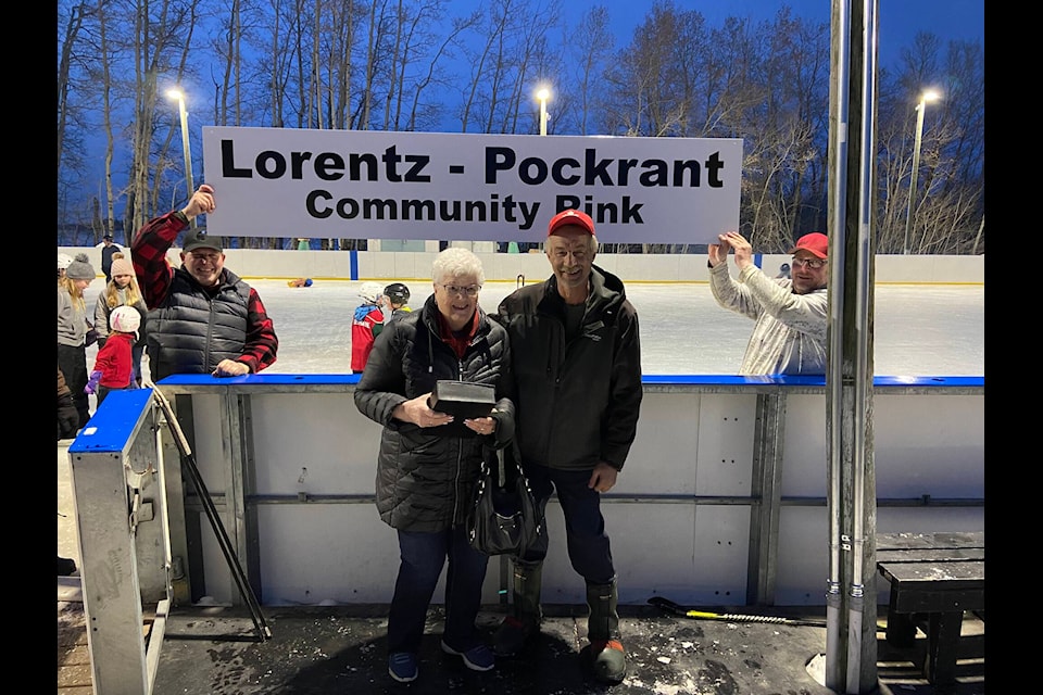 Mavis Lorentz (on behalf of Dan Lorentz) and Dave Pockrant receive recognition at a Pipestone Community event where the Pipestone Rink was renamed the Lorentz-Pockrant Community Rink. Shaela Dansereau/ Pipestone Flyer.