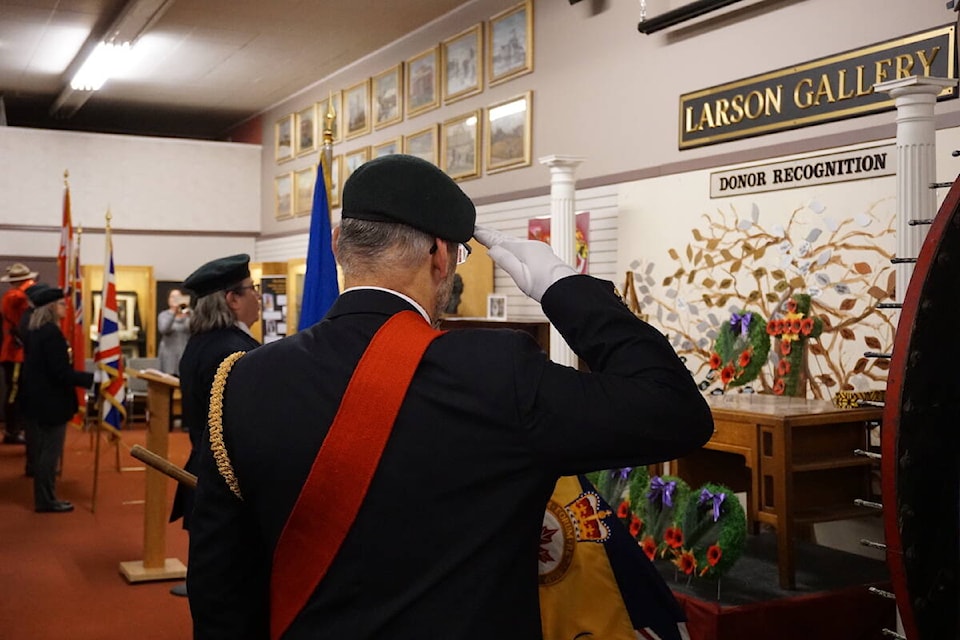 Members of the Wetaskiwin Royal Canadian Legion Branch 86 colour party attend the remembrance ceremony at the Wetaskiwin Heritage Museum on Nov. 5, 2022. (Shaela Dansereau/ Pipestone Flyer)