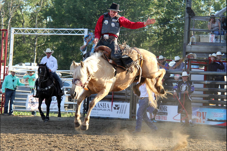 Eckville’s Ben Anderson recieved loud cheers during his ride in the novice saddle bronc event. He went on to also compete in the saddle bronc event.