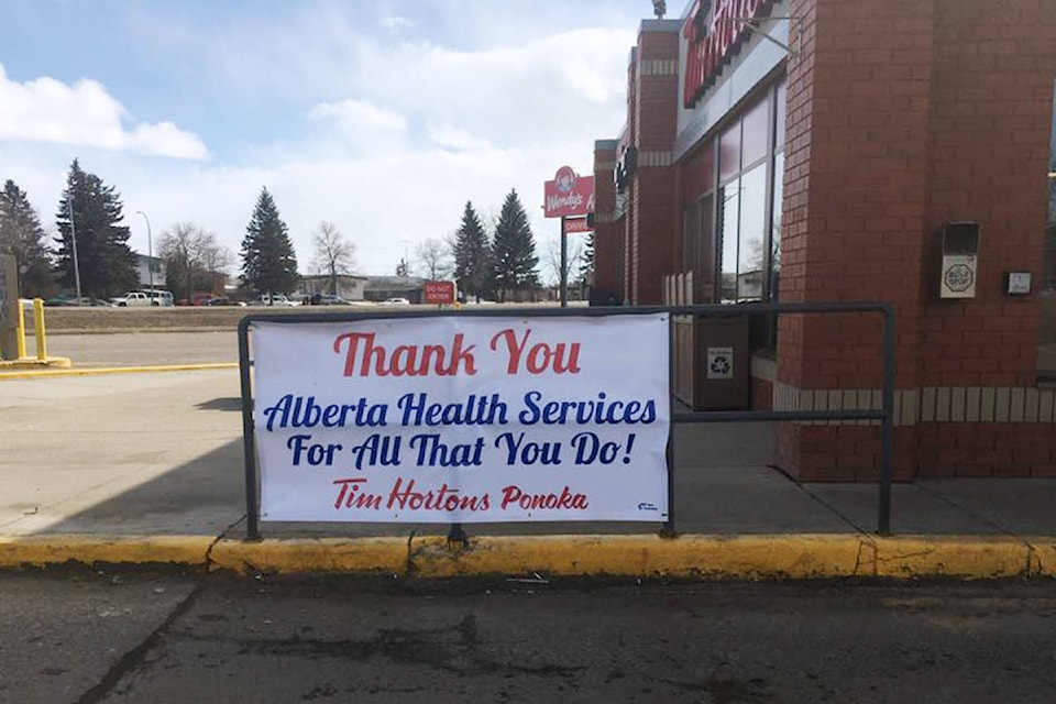 A sign at Ponoka’s Tim Horton’s salutes Alberta Health Services. Photo submitted A sign at Ponoka’s Tim Horton’s salutes Alberta Health Services. Photo submitted