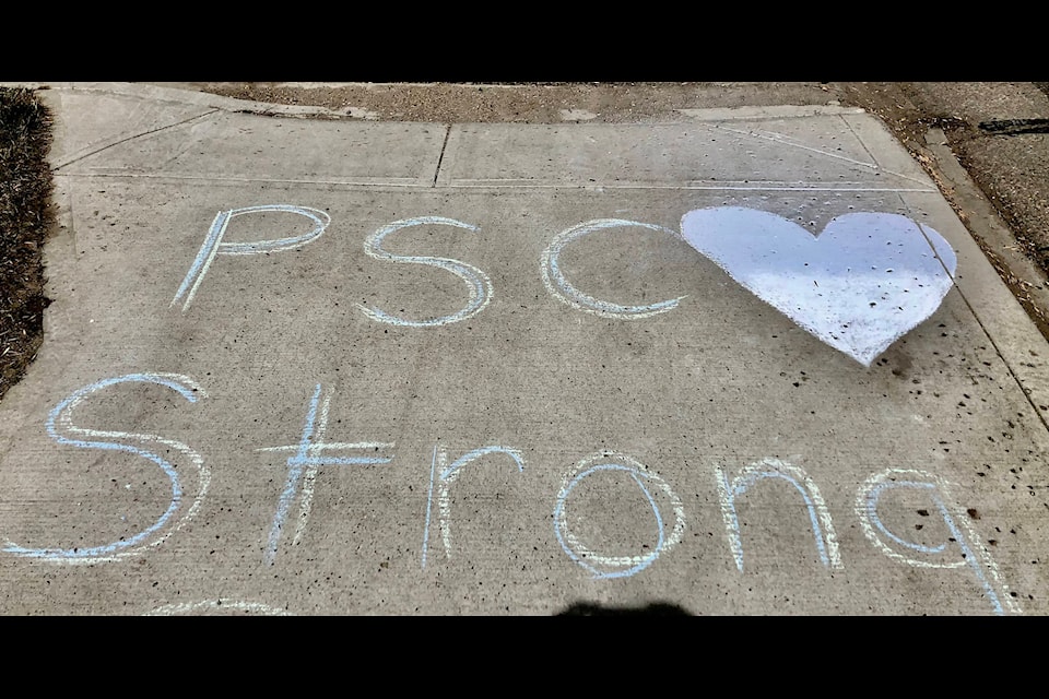Meaningful messages: Ponoka Secondary Campus students participated in ‘Chalk it Up with Positive Talk’ on May 6 as part of the school’s mental health week activities. Students wrote encouraging messages to each other in chalk on the sidewalks around the school. (Photos submitted)
