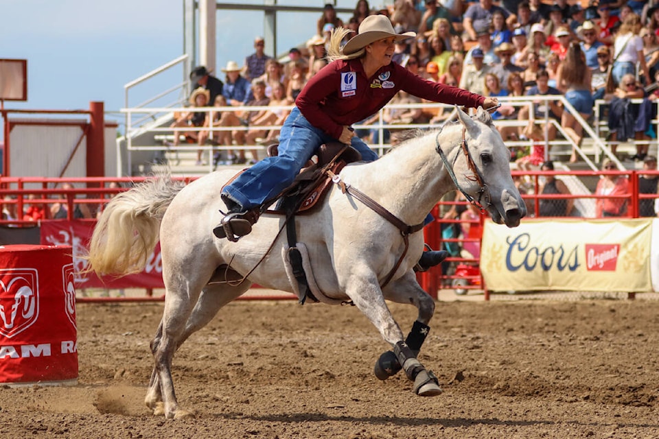 Sherrylynn Johnson takes part in the Professional Barrel Racing during Canada Day Rodeo Action. (Kevin Sabo/Black Press Media)