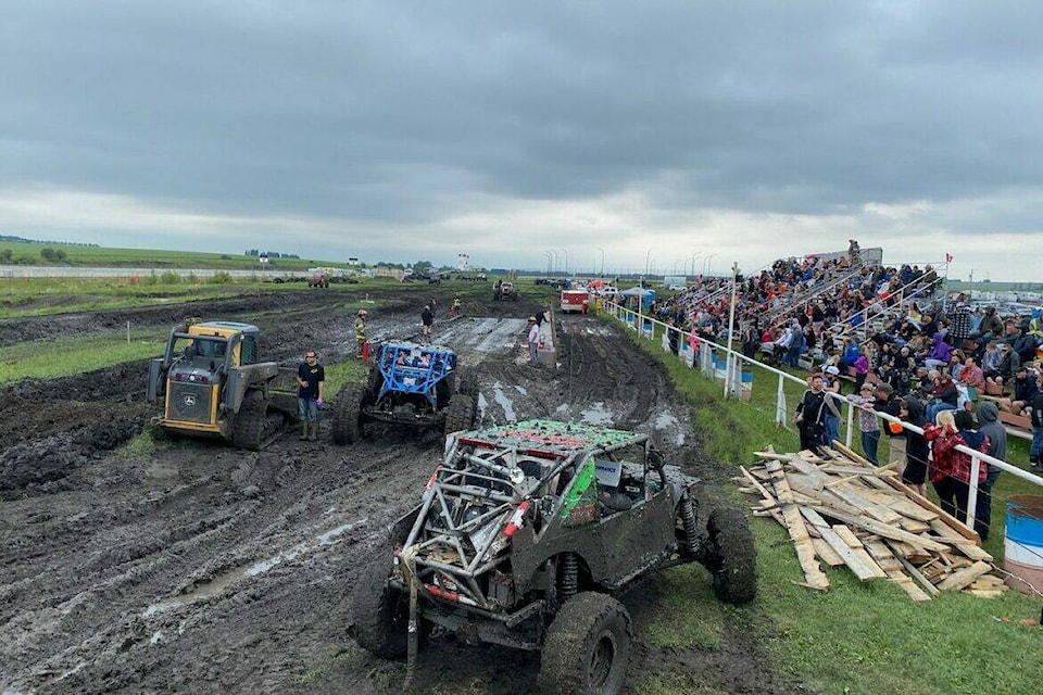 Spectators lined the stands on both Saturday and Sunday July 1 and 2 fairing the rain, hail, sun and wind. Ultra 4 vrs Mega Trucks, Saturday events included the new Tug of War pad, and Sunday events was challenging the Motocross track. All for the love of a muddy good time. (Photos by Leah Bousfield/Rimbey Review)