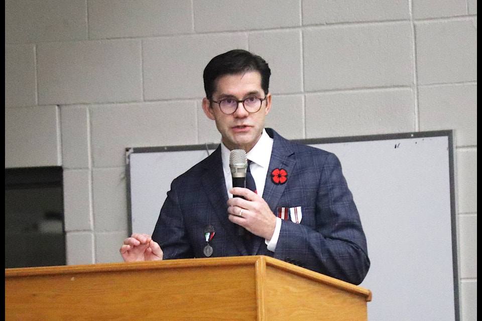Ron Labrie speaks at Ponoka Secondary Campus’s Remembrance Day assembly on Nov. 8. (Photos by Emily Jaycox/Ponoka News)