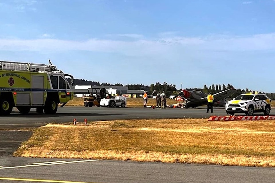 The landing gear of this small aircraft collapsed after landing at the Victoria International Airport on Aug. 2.