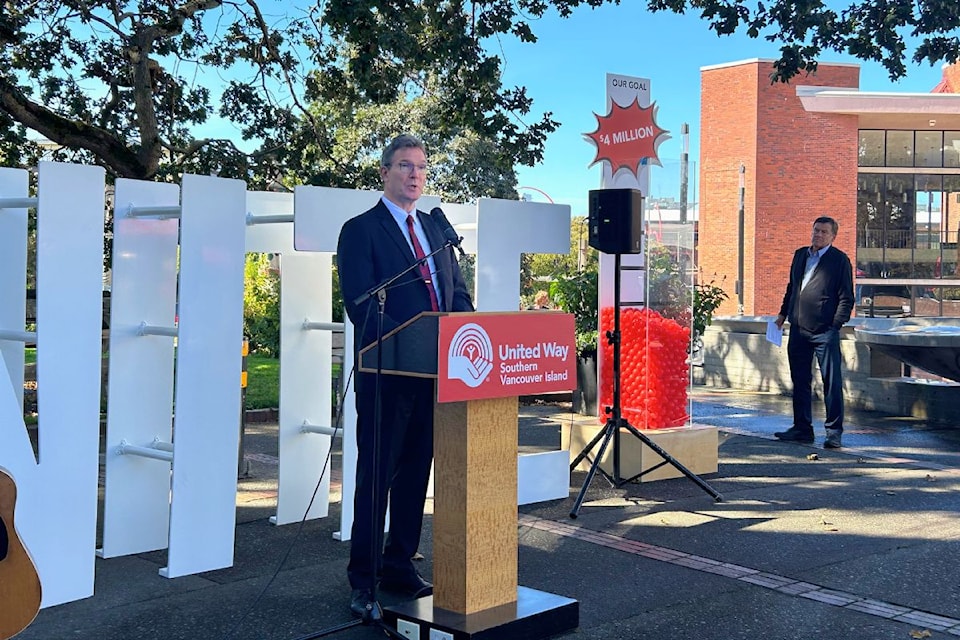 Lane Trotter, president of Camosun College and 2024 United Way community campaign chair at the United Way campaign announcement in Centennial Square on Sept. 19