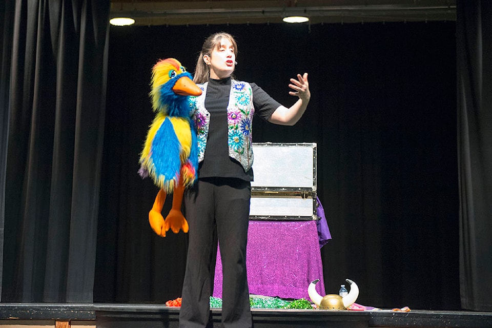 Ventriloquist Kellie Haines on stage at Chuck Mobley Theatre with her puppet, Magrau. Melanie Law photo
