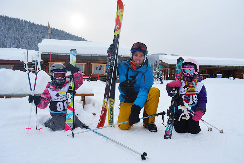Coach Mark Savard, Misha and Charlotte get set for a day of learning to ski safely Sunday, Jan. 12 at Troll Ski Resort as part of the Lightning Creek Ski Club’s Nancy Greene ski program. (Lindsay Chung - Quesnel Cariboo Observer)