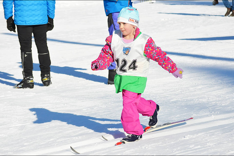 Five-year-old Lily Doyle of Dragon Lake Elementary School reaches the finish during her beginner girls’ race Saturday, Feb. 22 at the Hallis Lake Ski Tournament. (Lindsay Chung - Quesnel Cariboo Observer)