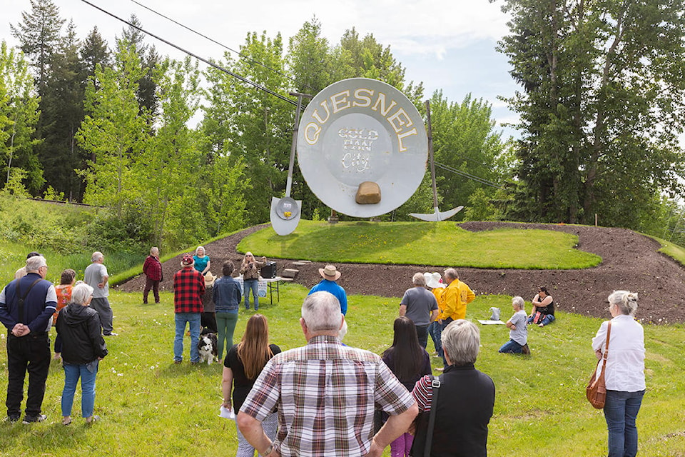 Members of the Quesnel community came together to rally against the relocation of the Quesnel Gold Pan on Sunday, May 31. (Sasha Sefter - Quesnel Cariboo Observer)