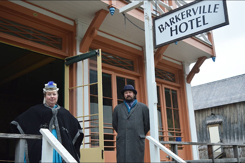Miss Florence Wilson and Mr. George Wallace greet visitors outside the Barkerville Hotel Sunday, Sept. 27 during the final day of Barkerville Historic Town and Park’s main season. Barkerville will offer virtual field trips for school children this fall and winter and will host Halloween events Saturday, Oct. 31. (Lindsay Chung Photo - Quesnel Cariboo Observer)