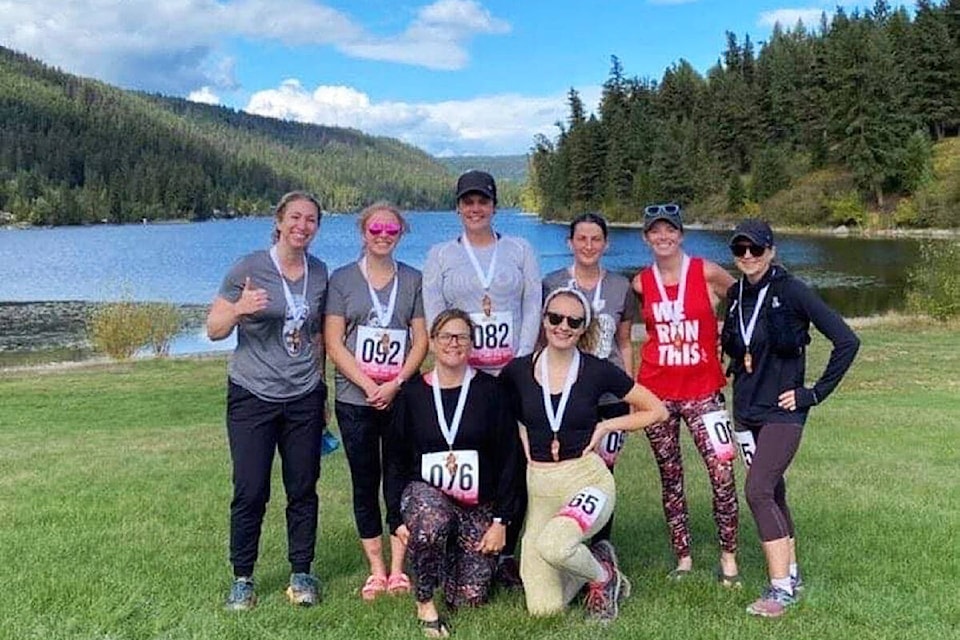 Cindi Saj (from left, back), Danika Volkmann, Kim Lewis, Anita Diepdael, Kate MacAlister, Deanna Saunders, Brandy Links (front left) and Olivia Stinchcombe attended the Soul 2 Sole Trail Race at McLeese Lake Sept. 19.