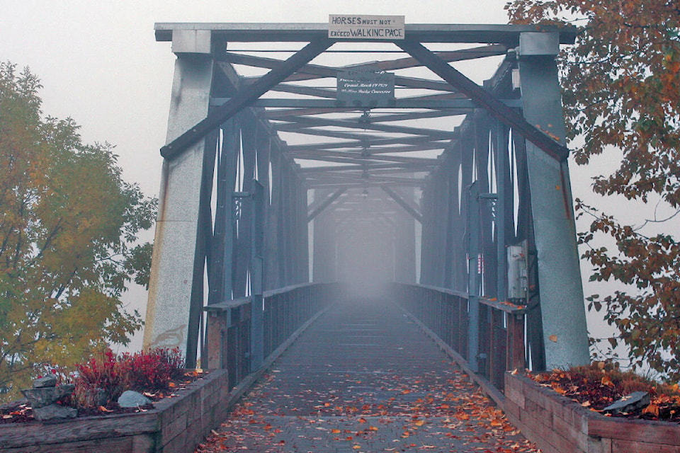 Anyone crossing the Fraser River Footbridge had to dive into the fog. (Cassidy Dankochik Photo - Quesnel Cariboo Observer)