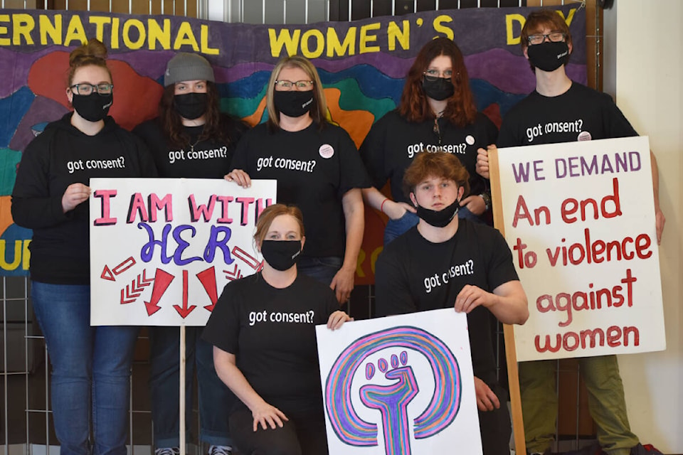 Correlieu Secondary School helped celebrate International Women’s Day at the College of New Caledonia where they provided brochures and an anonymous survey on consent. (Rebecca Dyok photo — Quesnel Observer)