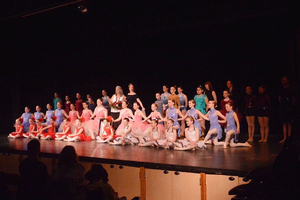 All of the dancers at the Gold Pan City Dance Gala came out to honour Sandy Herman before the start of a showcase on Friday, March 18. (Cassidy Dankochik Photo - Quesnel Cariboo Observer)