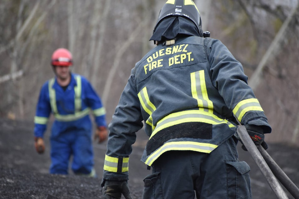 A grass fire on Sales Road East drew the response of the Quesnel Volunteer Fire Department at around 3:30 p.m. Wednesday, April 6. (Rebecca Dyok photo — Quesnel Cariboo Observer)