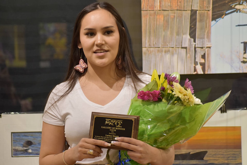 Nazko First Nation powwow dancer Larissa Munch was inducted into the Gallery of Honour on Wednesday, April 13. Also inducted was Quesnel dancer Elledae Armstrong. (Rebecca Dyok — Quesnel Cariboo Observer photo)