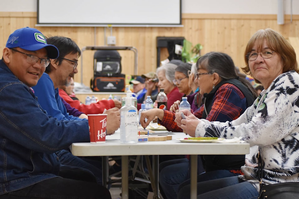 Kaliga Jack (left) enjoyed playing crib against Sharon Palmantier during a tournament hosted Saturday, April 23 in Quesnel by ?Esdilagh First Nation. (Rebecca Dyok photo — Quesnel Cariboo Observer)