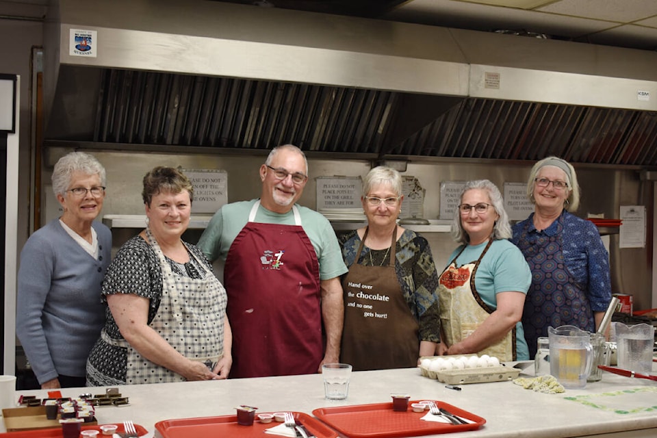 Sally Service, Bonnie Hunter, Rod Browning, Linda LeComte, Brenda Browning, and Tish Tunney volunteered with a pancake breakfast at the Quesnel Seniors’ Centre on Sunday, May 15. (Rebecca Dyok photo — Quesnel Cariboo Observer)