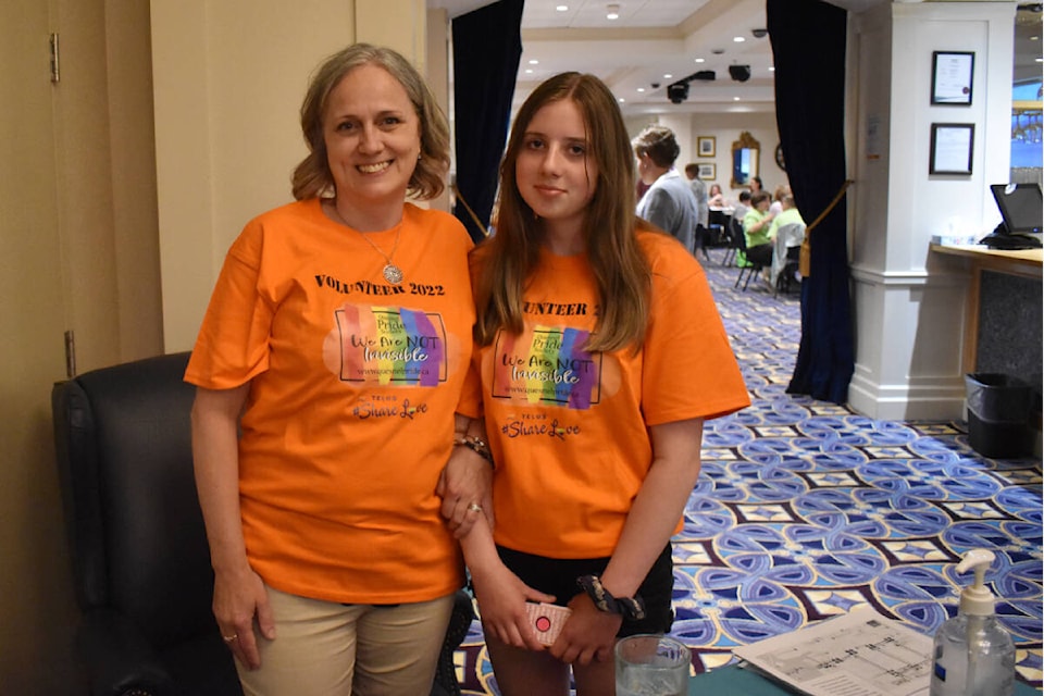 Quesnel Pride Society vice president Sue Hunt was joined by her daughter Emily. (Rebecca Dyok photo — Quesnel Observer)