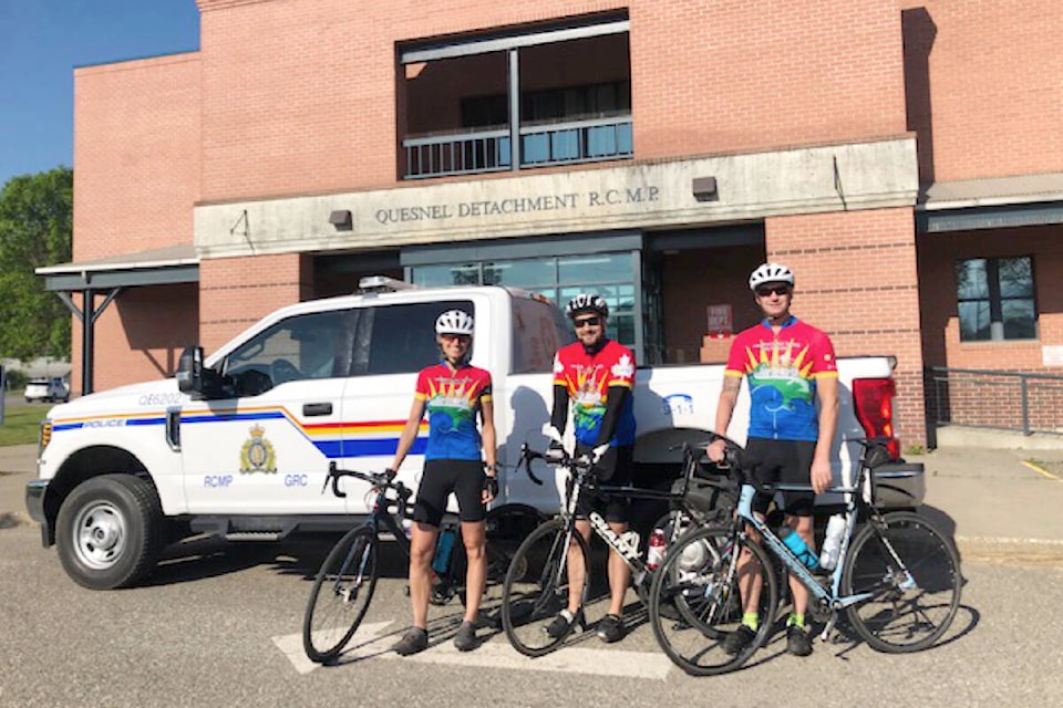 Quesnel RCMP Cst. Anne Bock cycled 98 kilometres to Nazko Valley Elementary School with Cst. Rob Belanger and BC Sherriff Service Supt. Peter Wharton on Wednesday, June 15, for Cops for Cancer. (Photo submitted)