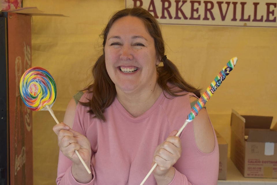 Julie-Anne Runge with Barkerville Fudge was busy selling fudge, hard candy, popcorn and more at the Gold Dust Mall, which opened Thursday morning, July 14. (Rebecca Dyok photo — Quesnel Observer)