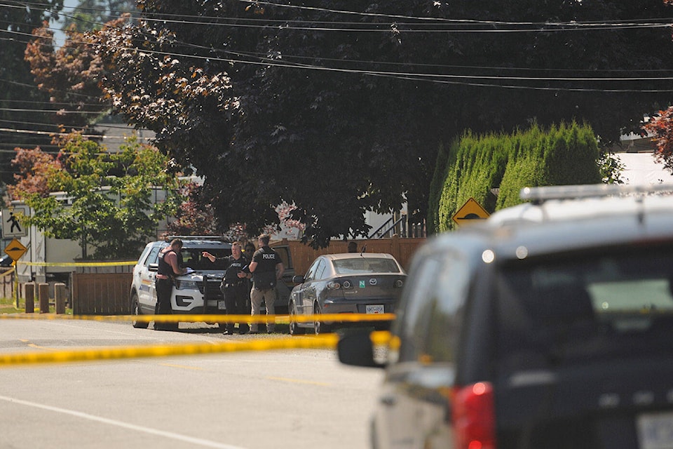 Chilliwack RCMP were on scene at McNaught Road just south of Yale Road on Thursday, July 21, 2022 for a shooting where two people were injured. (Jenna Hauck/ Chilliwack Progress)