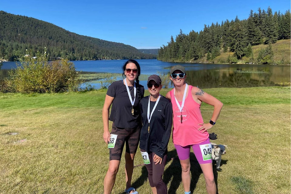 Shelley Walker, from left, Deanna Saunders, Kate Macalister participated in the Soul 2 Sole run event at McLeese Lake on Sept. 17, 2022. (Jesse Banyard photo)
