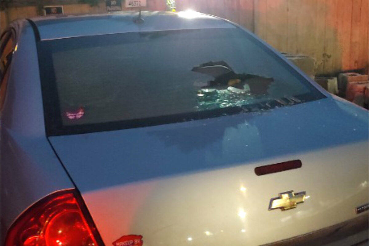 The rear smashed window on Marie Pinkertons car on Sept. 16, 2022 the most recent time of three in three weeks she has had a window smashed on the vehicle. (Marie Pinkerton photo)