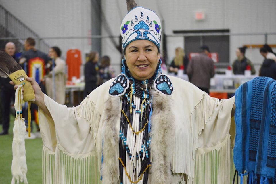Belinda Willier with Sucker Creek First Nation near High Prairie, Alberta attends the Quesnel Tillicum Society’s 48th annual Memorial Pow Wow. (Rebecca Dyok photo — Quesnel Observer)