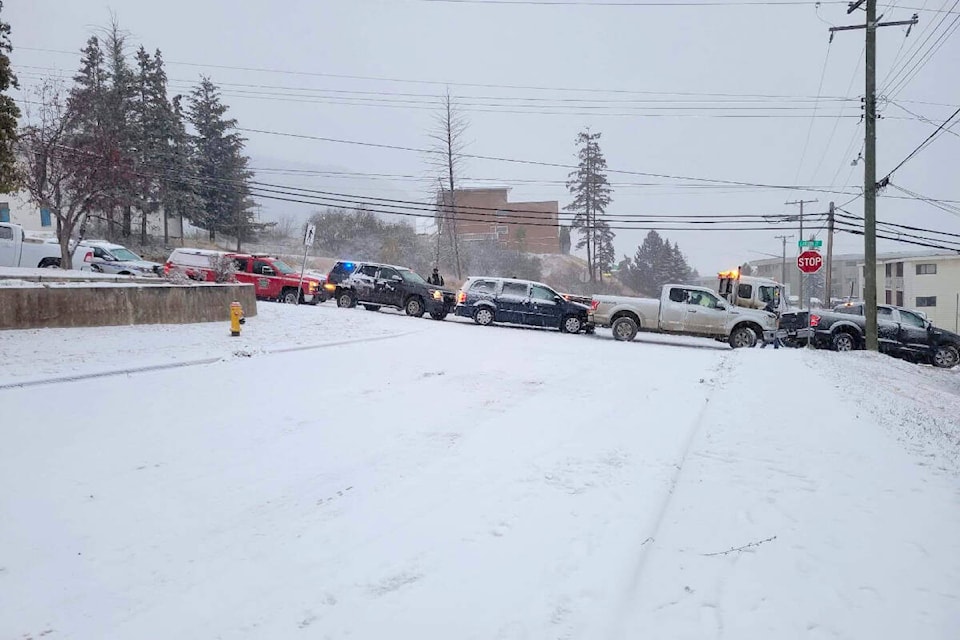Carson Drive in Williams Lake was the scene of a vehicle pile-up as the city’s first snowfall made the roads very slick the afternoon of Thursday, Nov. 3. (Keelie A cDuffy photo)