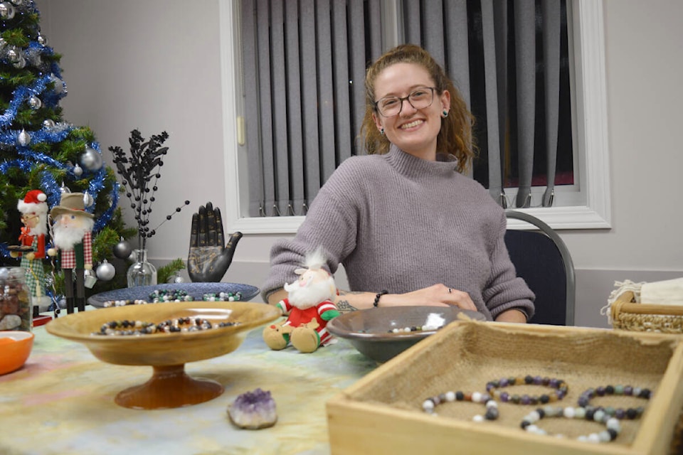 Katrina Van der Veen of Prince George with Purden Peak Designs was selling diffuser bracelets made with gemstones and lava rocks. She is a biologist with a fondness for natural elements and as a child loved making bracelets. (Rebecca Dyok photo — Quesnel Observer)