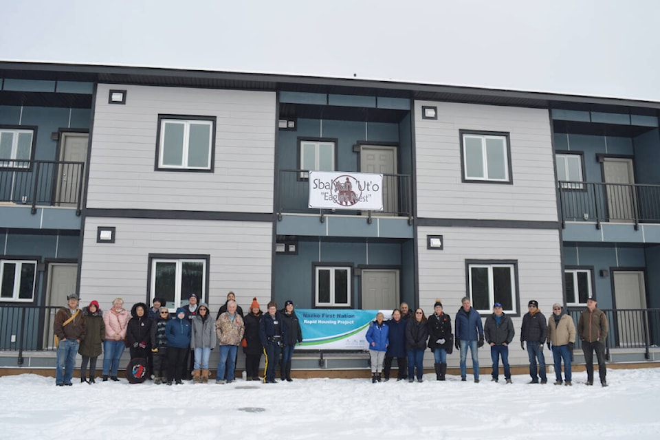 A grand opening cermony for Sbalyan ‘Ut’o “Eagles Nest”, a nine-unit rapid housing complex was held at the Nazko First Nation on Wednesday, Nov. 9. (Rebecca Dyok photo — Quesnel Observer)