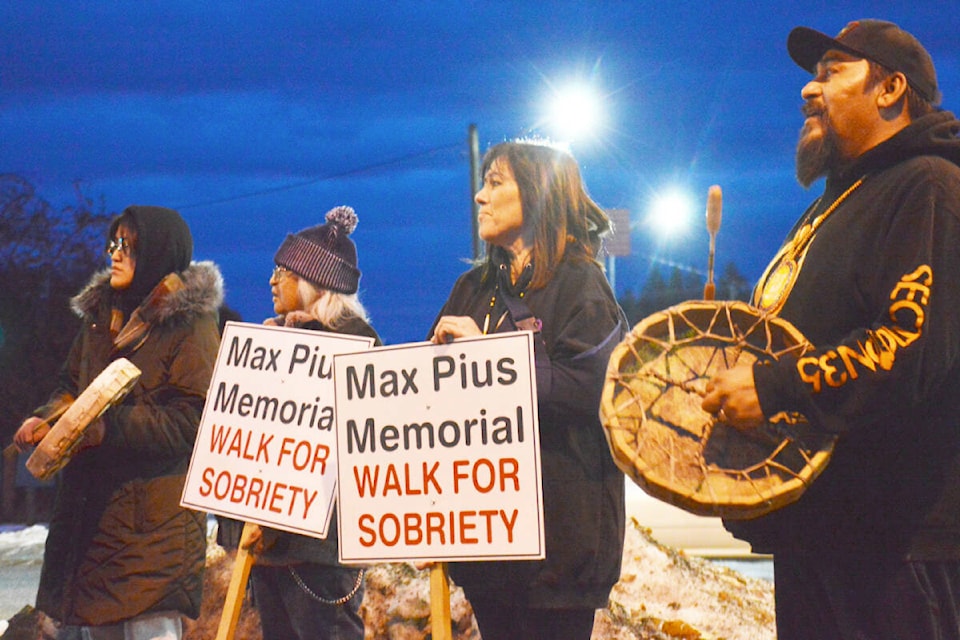 Dozens participate in this year’s Max Pius Memorial Walk for Sobriety which coincided with National Addictions Awareness Week. (Rebecca Dyok photo — Quesnel Observer)
