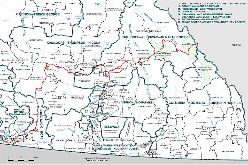 A map shows the proposed new riding boundaries and configurations in southern B.C., including the new riding of Kamloops-Thompson-Nicola, which stretches from Lytton and Lillooet in the south and west to Clinton and Clearwater in the north. (Photo credit: Federal Electoral Boundaries Commission)