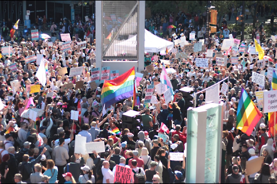 Counter protesters, both for and against SOGI teachings in schools, clash at a a set of Vancouver protests at Jack Poole Plaza on Wednesday (Sept. 20, 2023). (Lauren Collins)