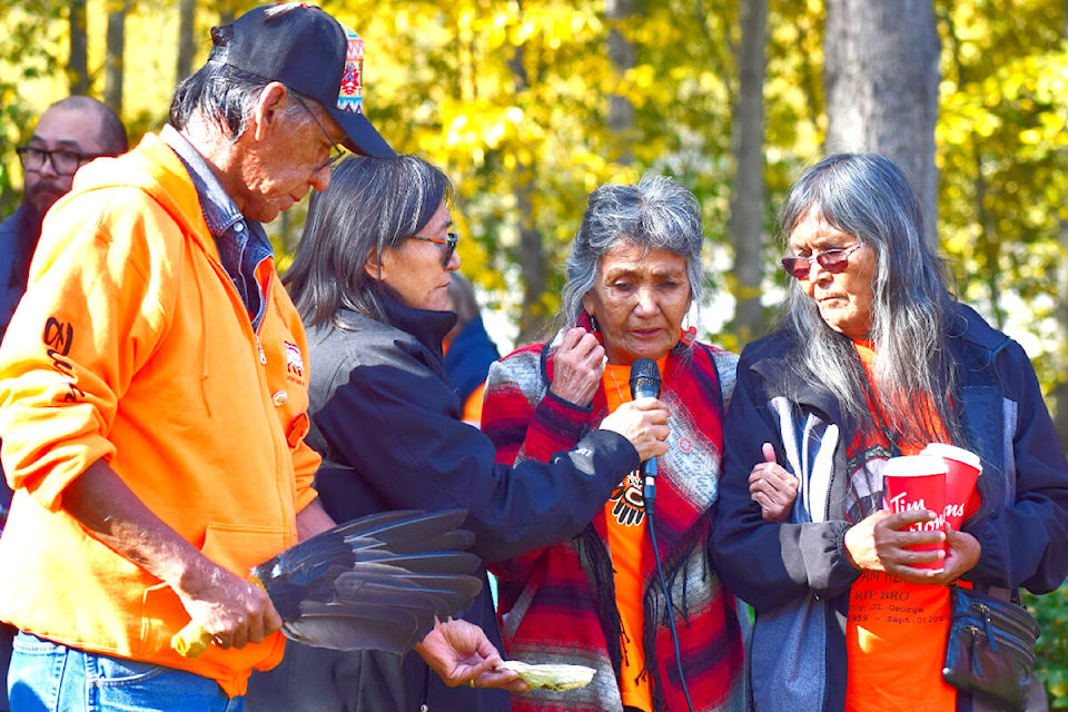 Elders conveyed their memories of the past and hopes for the future on the National Day for Truth and Reconciliation ceremonies in Quesnel. They included Bryant Paul, Luna Ildzi, Betty Lebrun and Linda Paul (L to R). (Tracey Roberts photo - Quesnel Cariboo Observer)