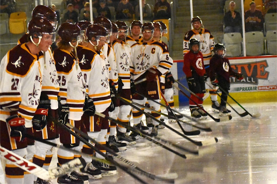 It is customary for kids from Quesnel Minor Hockey Association to take part in pregame on-ice activities for Quesnel Kangaroos home games. The experience includes standing for the national anthem. (Frank Peebles photo - Quesnel Cariboo Observer)