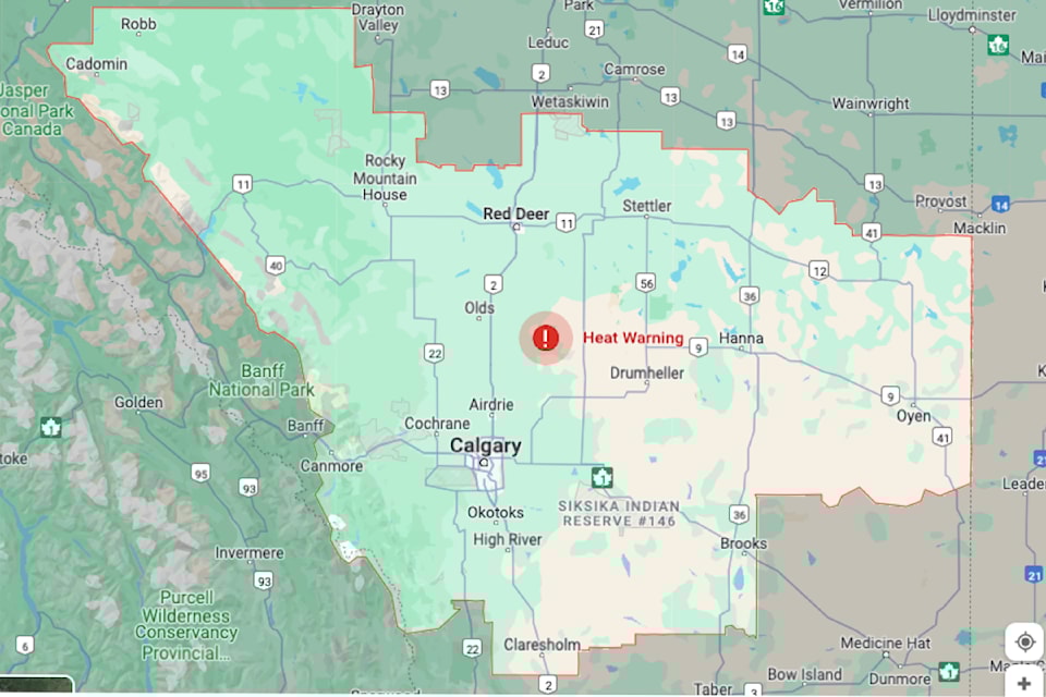Environment and Climate Change Canada issued a heat warning for a large swatch of Alberta on Monday. (Map contributed)