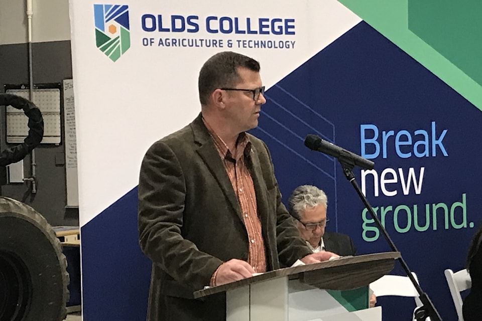 Alberta Agriculture and Irrigation Minister RJ Sigurdson speaking at an event Wednesday where PrairiesCan announced $21 million in funding for 14 Alberta agriculture projects. (Photo by Paul Cowley/Advocate staff)