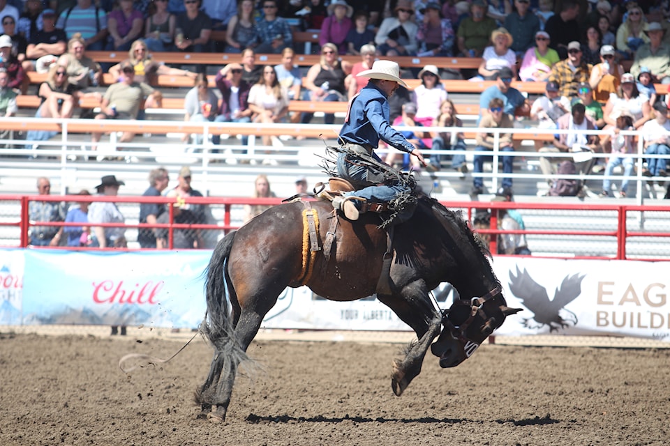 Nanton's Luke Shields had the best run of the day in the Saddle Bronc competition at the Ponoka Stampede on Friday afternoon.
