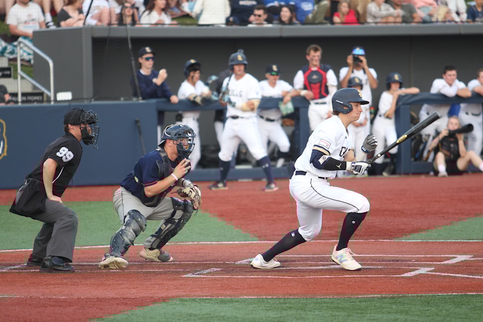 Sylvan Lake Gulls Nathan Flewelling gets a base hit against the Weyburn Beavers in WCBL action at Gulls Stadium.