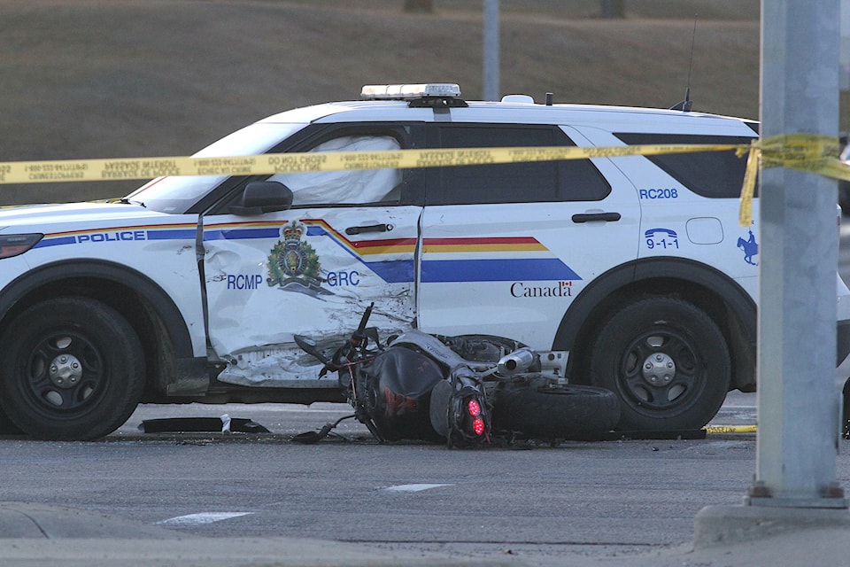 The intersection of Taylor Drive and 32nd Street was closed to traffic at about 3 p.m. on Nov. 12, 2024 due to a collision between a motorcycle and a RCMP vehicle. (Photo by SUSAN ZIELINSKI/Advocate staff)