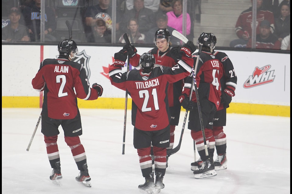 The Vancouver Giants celebrate a goal against the Red Deer Rebels on Tuesday night at the Peavey Mart Centrium.