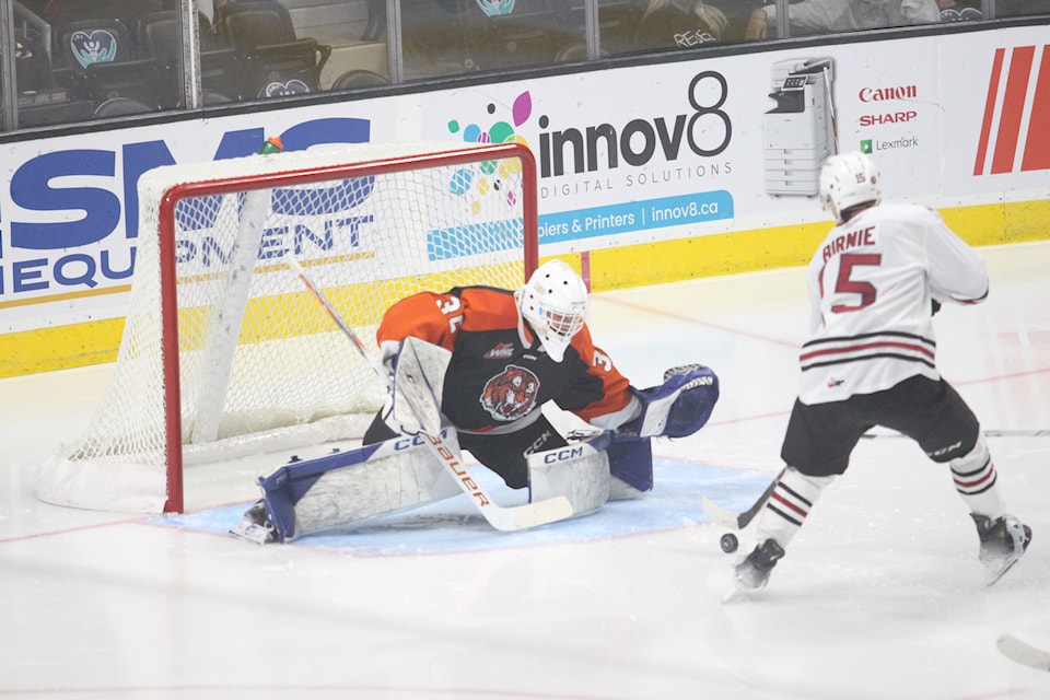 Red Deer Rebels forward Carson Birnie gets a great opportunity in front of the net on Friday night against the Medicine Hat Tigers.
