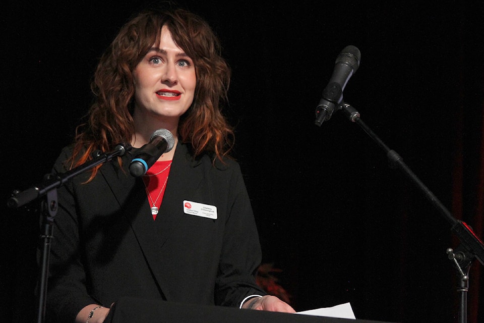 Chelsea O'Donoghue, United Way Central Alberta CEO, speaks during a 2024 campaign celebration event at Bo's Bar and Stage on Monday, April 7. (Photo by Sean McIntosh/Advocate staff)