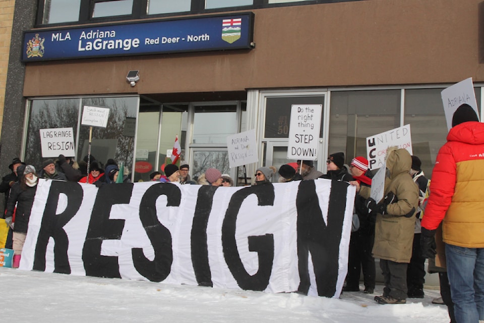 Red Deerians called for Minister of Health Adriana LaGrange's resignation at a rally on Saturday, Feb. 15. (Photo by Sean McIntosh/Advocate staff)