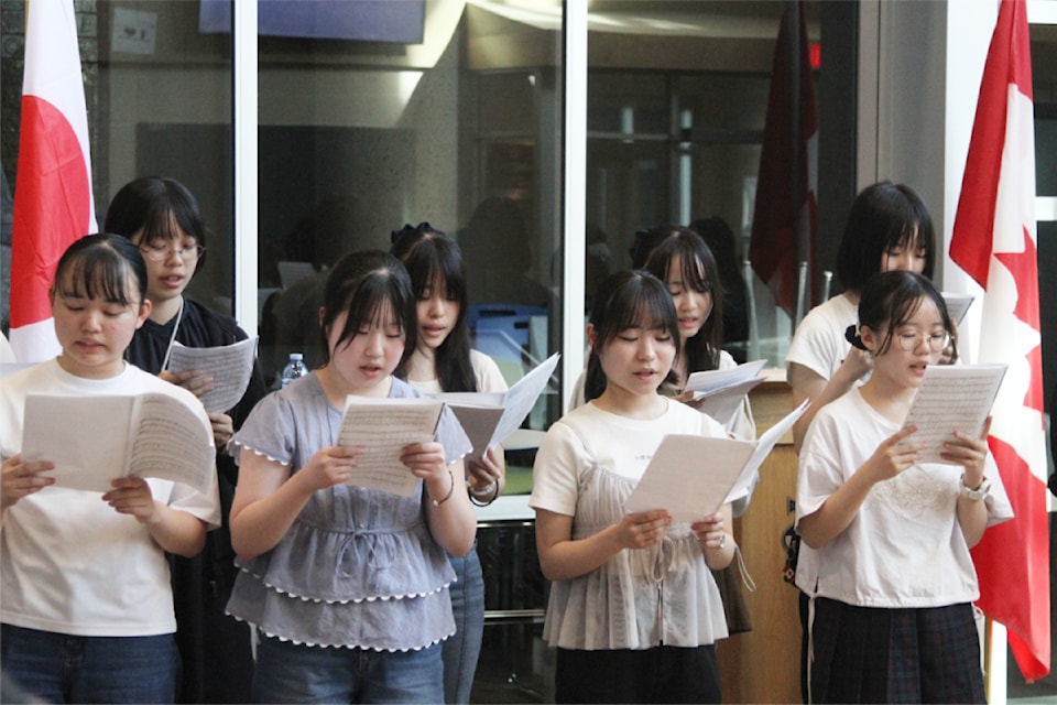 Students from Japan wrapped up their trip to Central Alberta by performing a song to their host families on Thursday, July 31. (Photo by Sean McIntosh/Advocate staff)