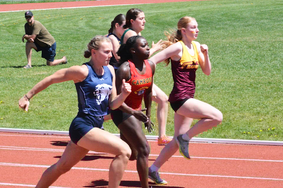Runners battled it out in the senior girls 100m race at the Central Alberta Track and Field Zone Championships at Lindsay Thurber Wednesday, with Camrose Composite High School's Tahairah Moore winning the race in a time of 12.27 seconds.