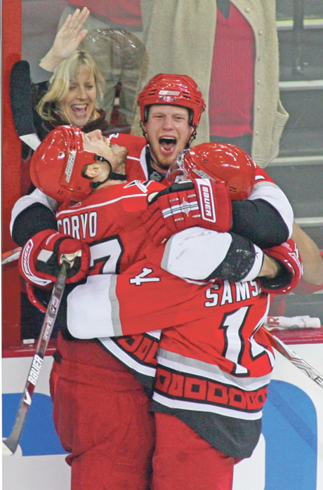 Eric Staal, Joe Corvo, Sergei Samsonov,